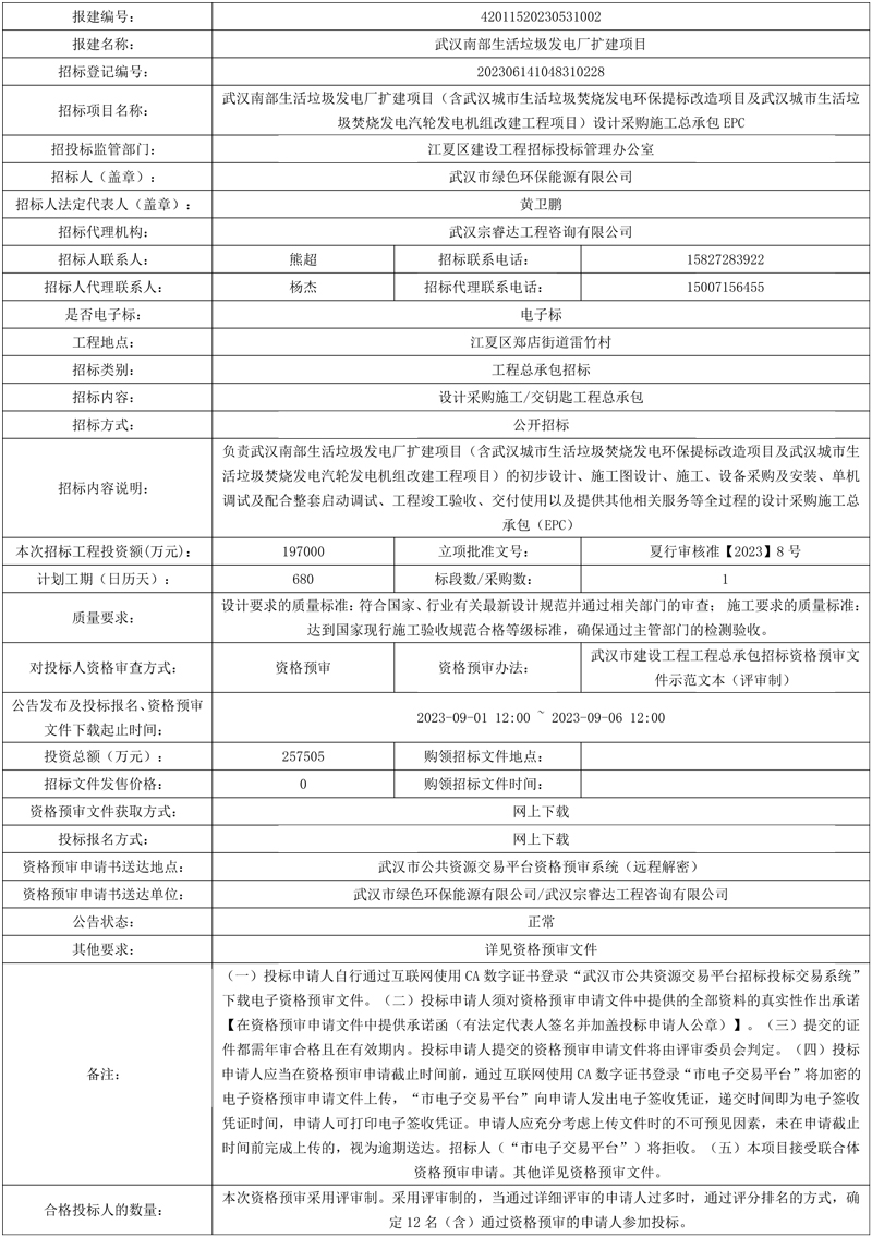 预算近20亿!武汉南部生活垃圾发电厂扩建项目设计采购施工总承包EPC招标!