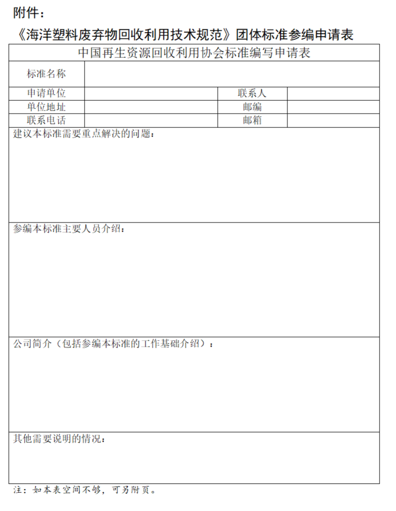 中国再生资源回收利用协会征集《海洋塑料废弃物回收利用技术规范》团体标准参编单位-环保卫士