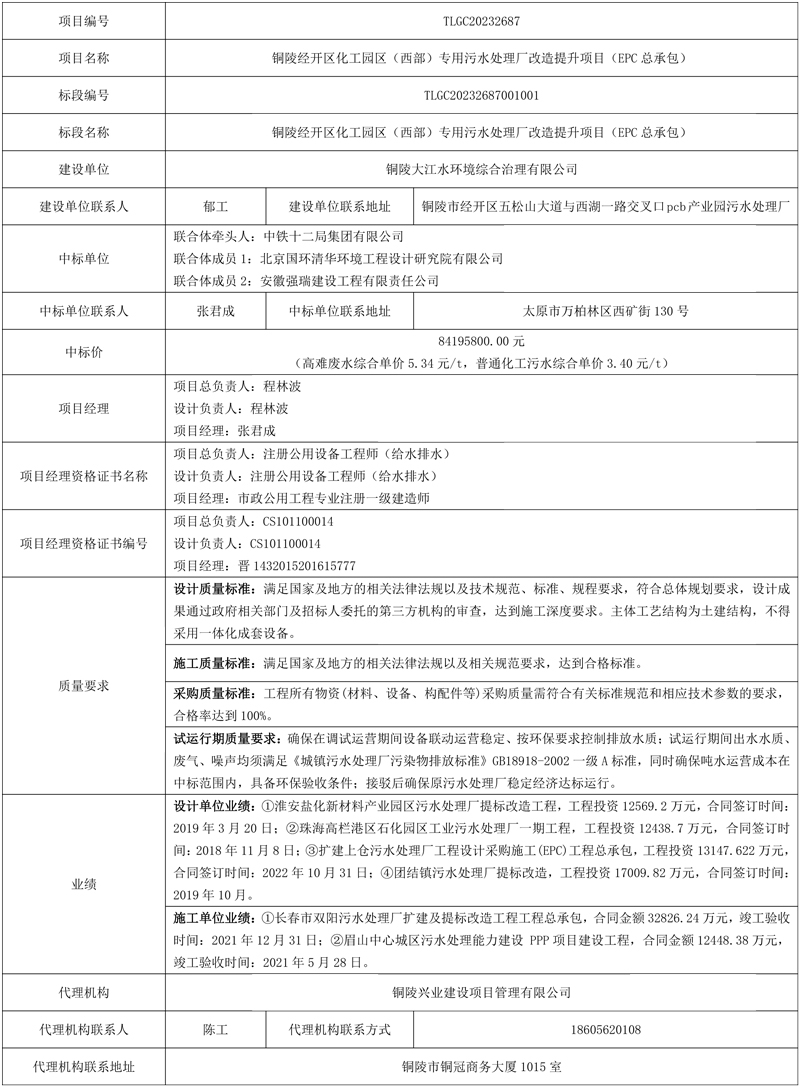 中铁十二局牵头中标铜陵经开区化工园区(西部)专用污水处理厂改造提升项目(EPC总承包)