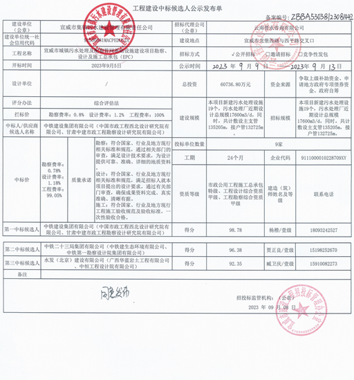 中铁建设集团预中标宣威市城镇污水处理及配套管网基础设施建设项目勘察、设计及施工总承包(EPC)