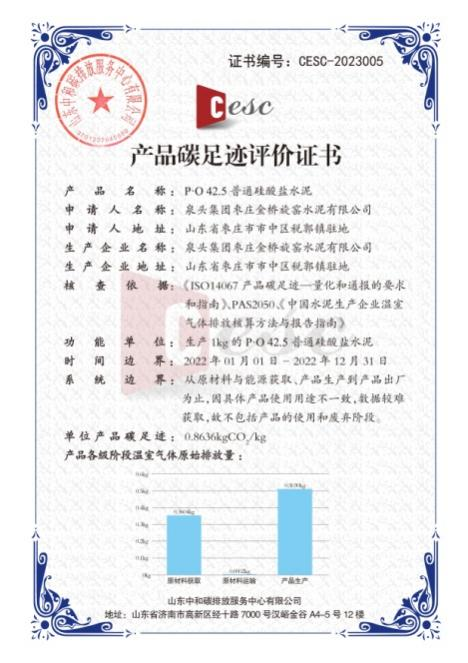 枣庄市水泥行业首张产品碳足迹评价证书落户泉头集团​！-环保卫士