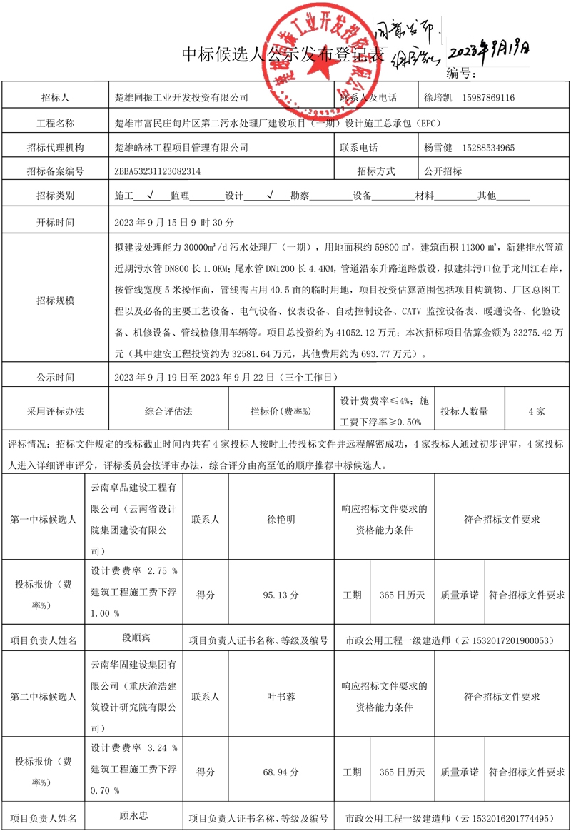 云南省楚雄市富民庄甸片区第二污水处理厂建设项目(一期)设计施工总承包(EPC)中标候选人公示