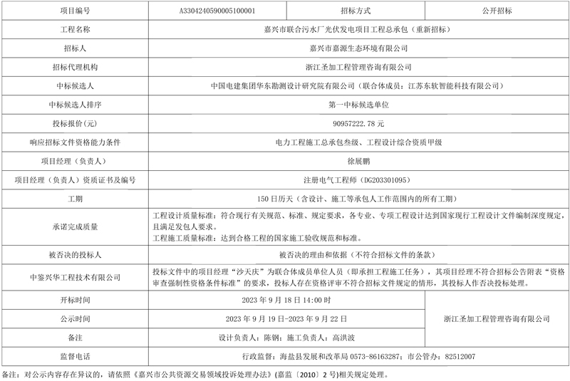 嘉兴市联合污水厂光伏发电项目工程总承包(重新招标)中标候选公示