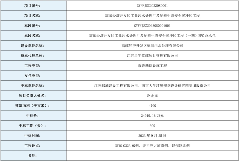 3.49亿元!高邮经济开发区工业污水处理厂及配套生态安全缓冲区工程(一期)EPC总承包的中标人公告