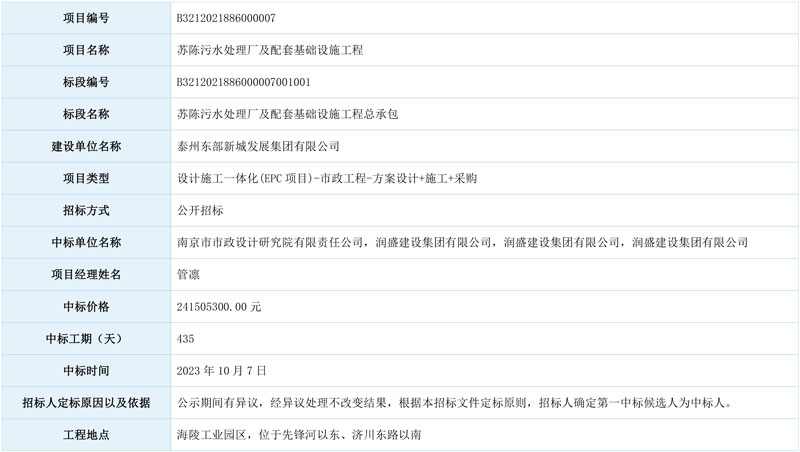 2.42亿元!苏陈污水处理厂及配套基础设施工程总承包中标结果