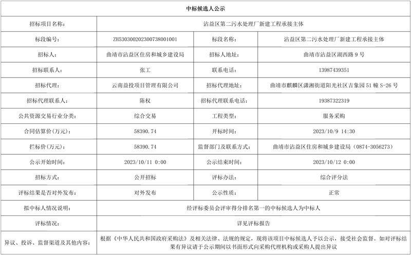5.84亿元!云南省曲靖市沾益区第二污水处理厂新建工程承接主体中标候选人公示