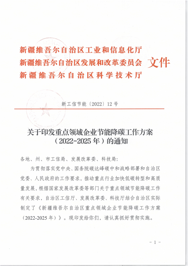新疆维吾尔自治区重点领域企业节能降碳工作方案（2022-2025年）-环保卫士