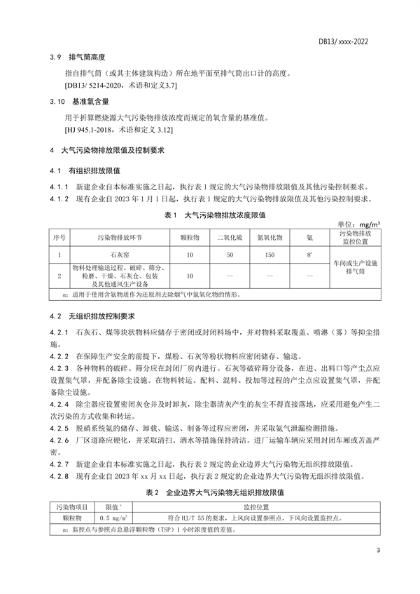 河北省地标《石灰工业大气污染物排放标准》征求意见
