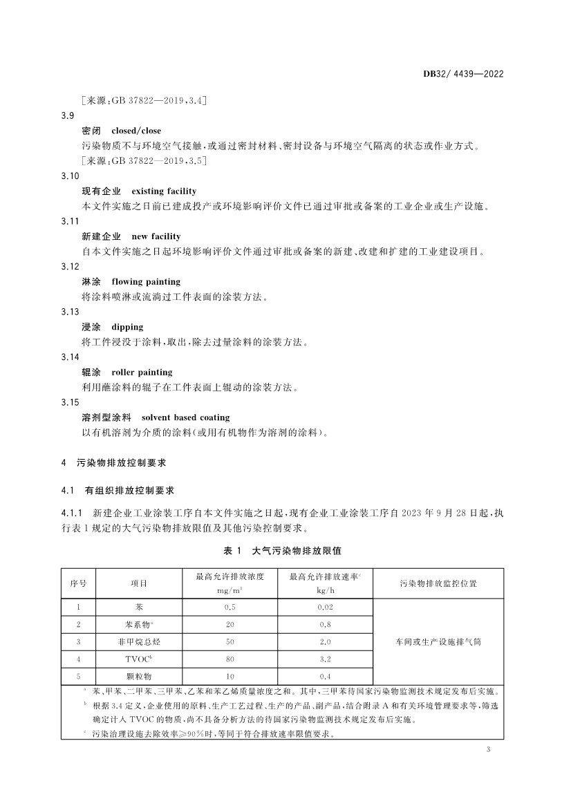 江苏工业涂装工序大气污染物排放标准（DB32／4439-2022）