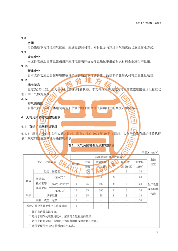 山西省发布地方标准《耐火材料工业大气污染物排放标准》