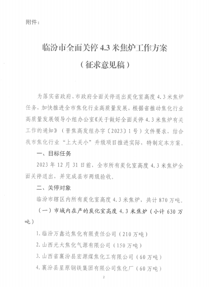 临汾市全面关停4.3米焦炉工作方案