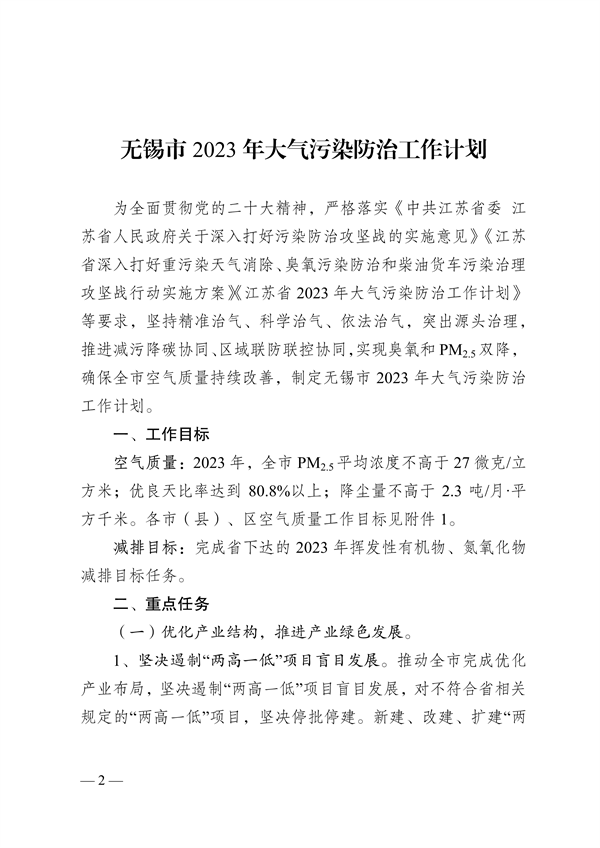 无锡市发布2023年大气污染防治工作计划
