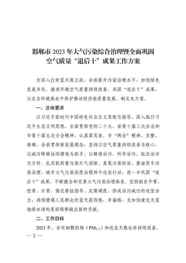 邯郸市2023年大气污染综合治理暨全面巩固“退后十”成果工作方案