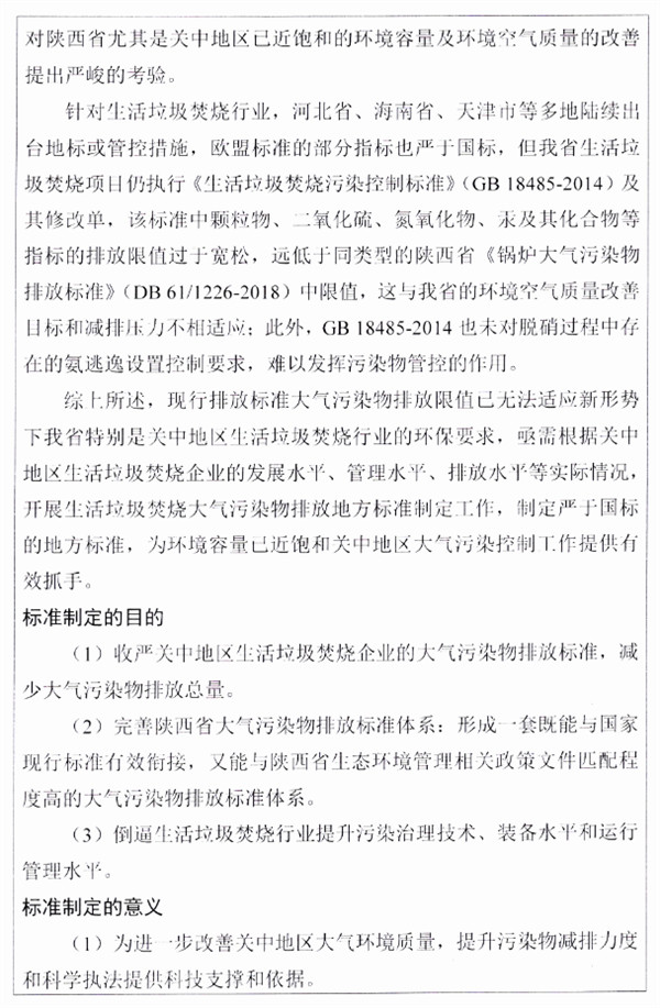 《关中地区生活垃圾焚烧大气污染物排放标准》强制性地方标准立项公示