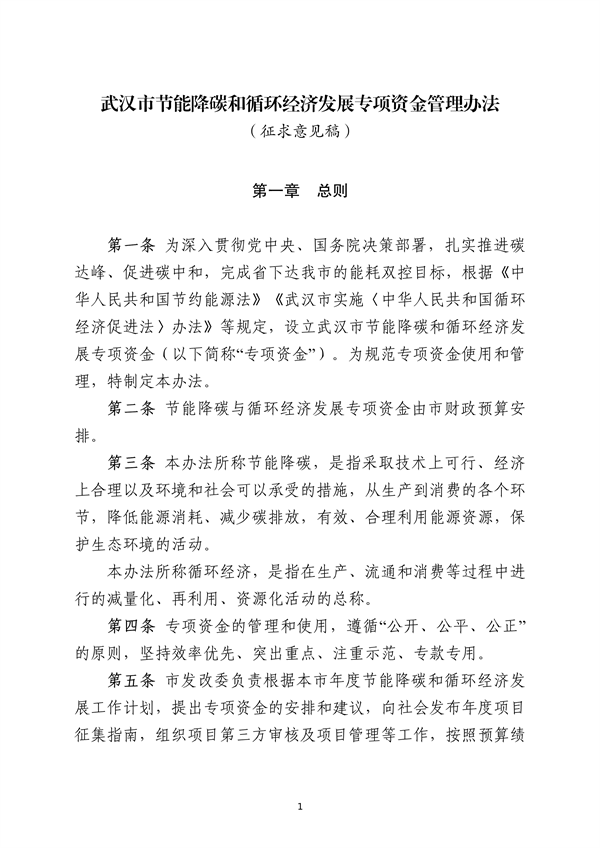 武汉市节能降碳和循环经济发展专项资金管理办法（征求意见稿）-环保卫士