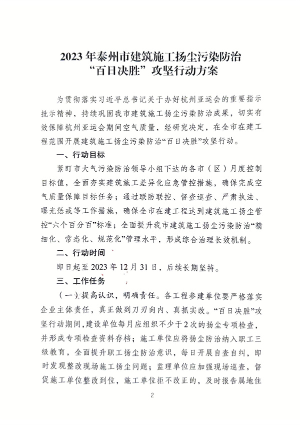 2023年泰州市建筑施工扬尘污染防治“百日决胜”攻坚行动方案