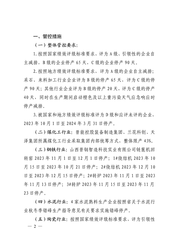 晋城市关于明确2023-2024年秋冬季重点行业企业差异化应急管控措施的通知