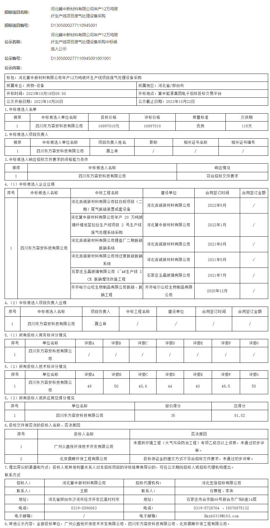 河北冀中新材料公司年产12万吨玻纤生产线项目废气处理设备采购中标候选人公示