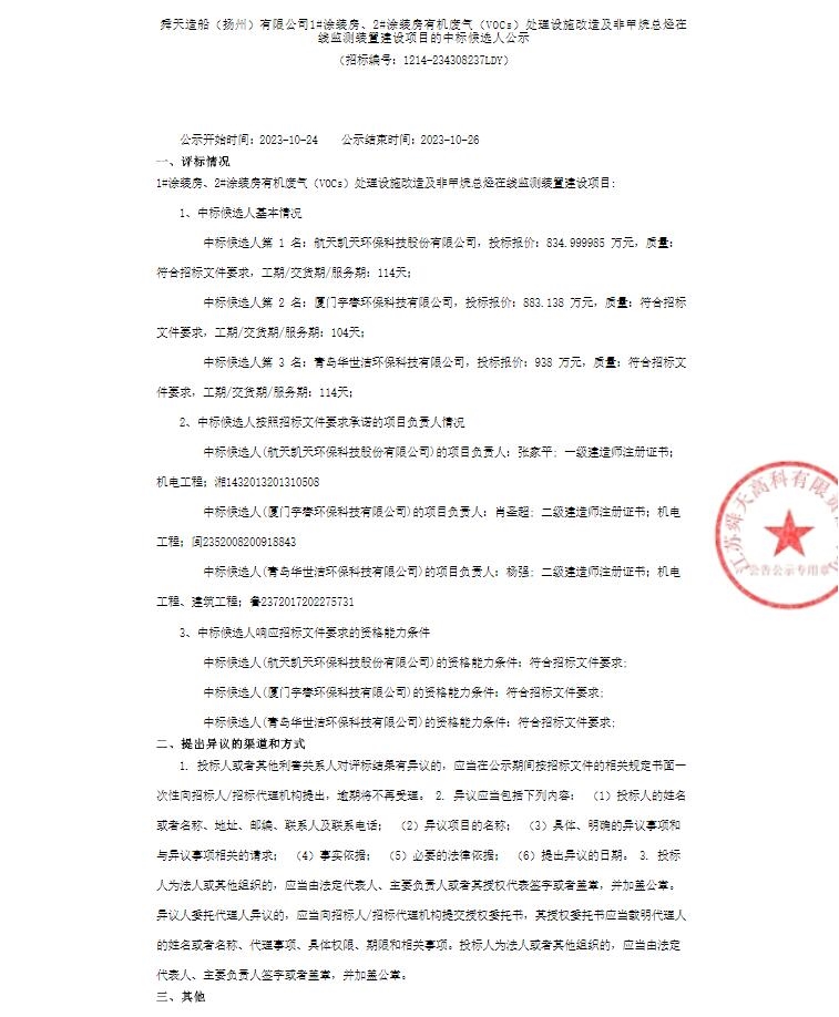 835万 舜天造船有机废气处理设施改造及非甲烷总烃在线监测装置建设项目中标候选人公示-环保卫士