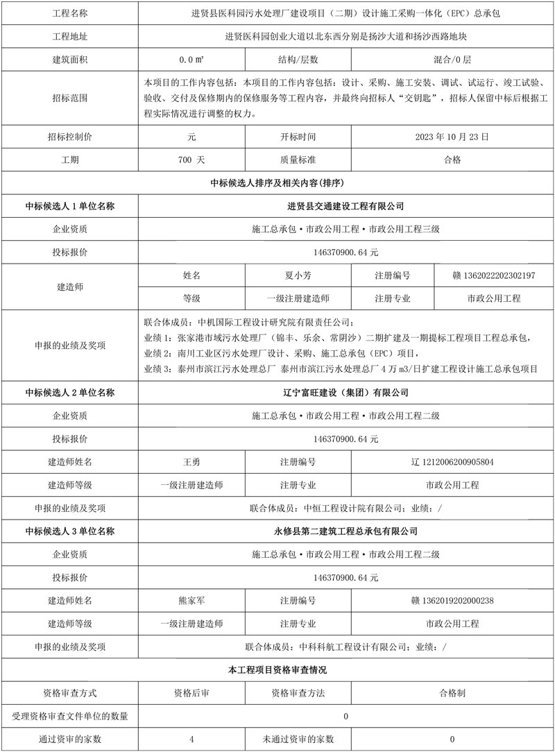江西省进贤县医科园污水处理厂建设项目(二期)设计施工采购一体化(EPC)总承包中标候选人公示