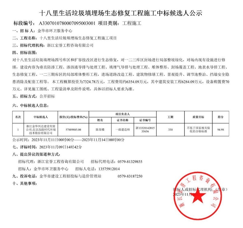 高能环境联合预中标金华十八里生活垃圾填埋场生态修复工程施工！-环保卫士