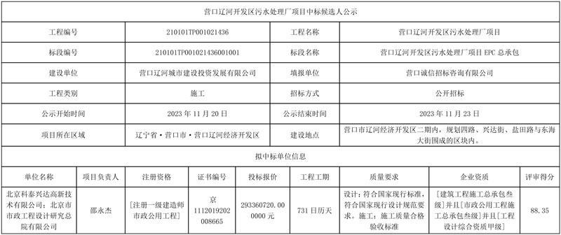 营口辽河开发区污水处理厂项目中标候选人公示