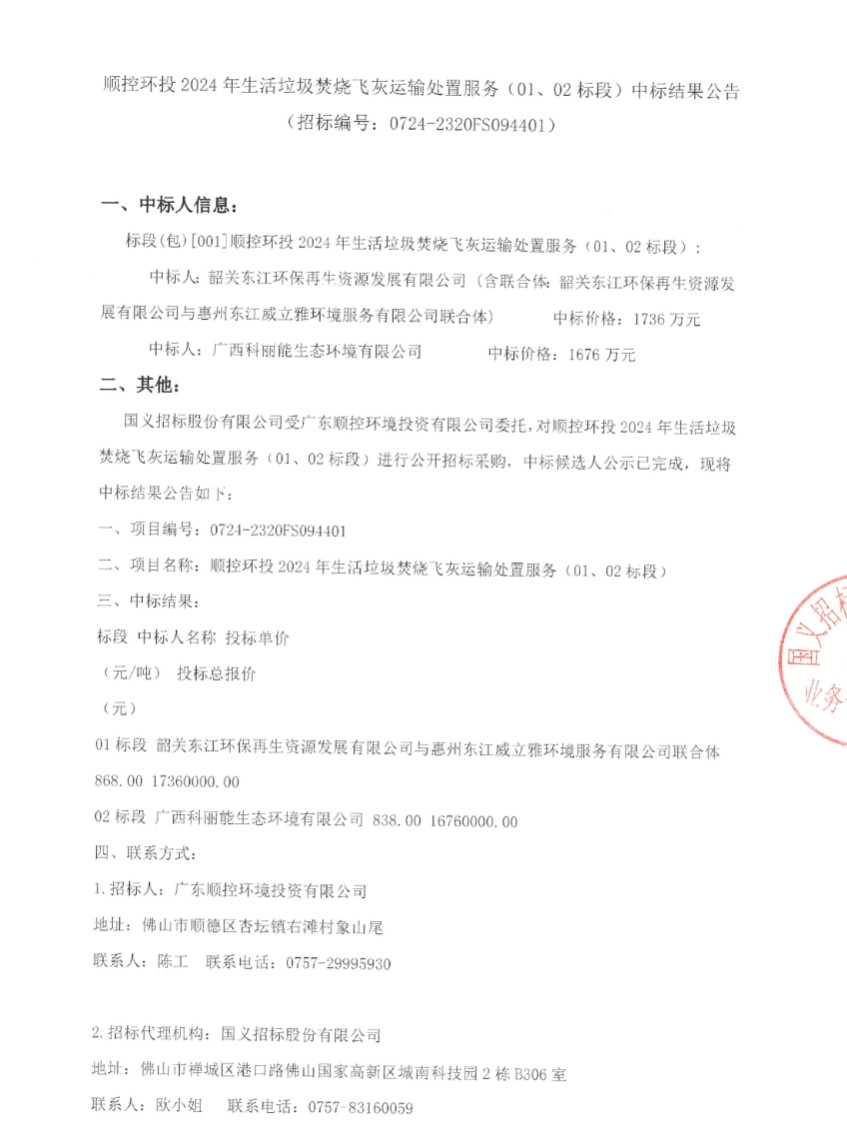 顺控环投2024年生活垃圾焚烧飞灰运输处置服务(01、02标段)中标结果公告