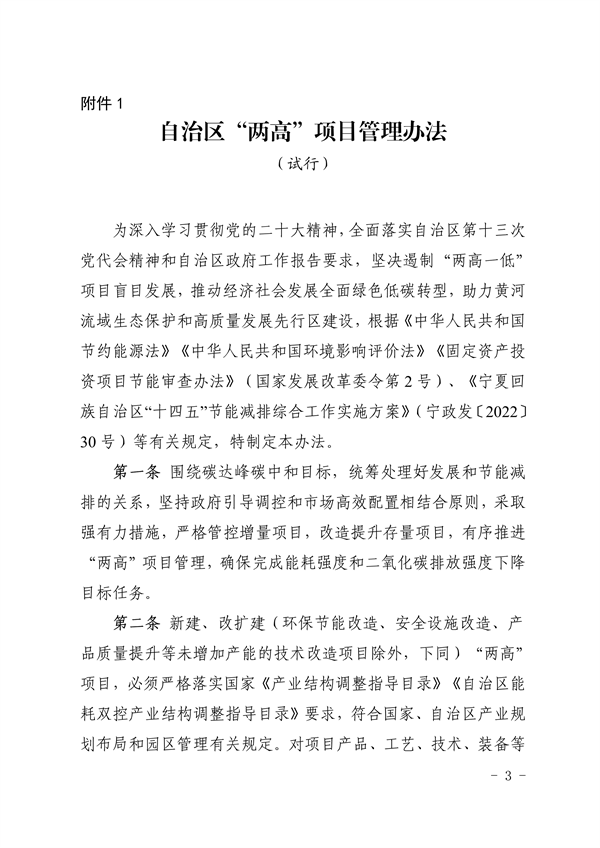 宁夏自治区发布“两高”项目管理办法（试行）