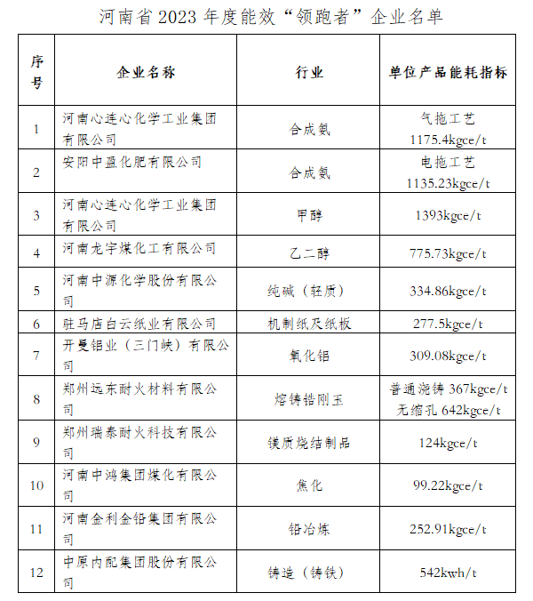 2023年度河南省工业领域重点用能行业能效领跑者企业名单公示！-环保卫士