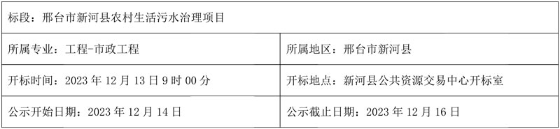 河北邢台市新河县农村生活污水治理项目中标候选人公示