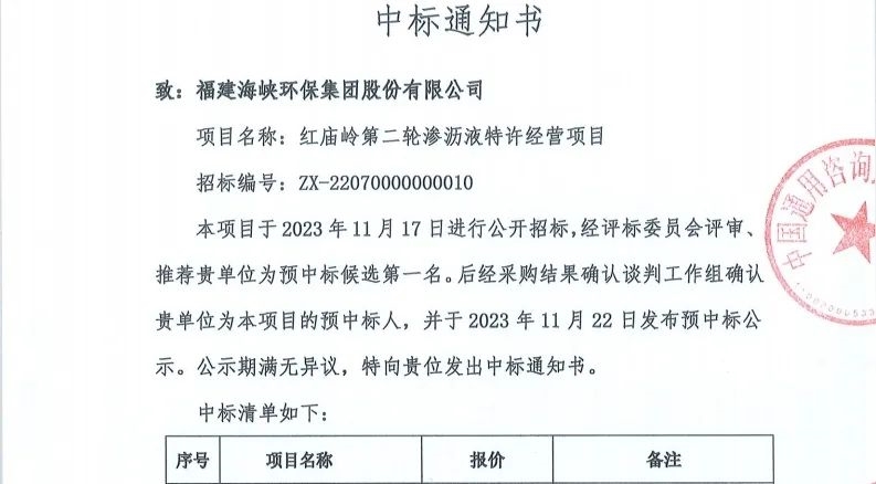福建海峡环保顺利中标红庙岭第二轮渗沥液特许经营项目