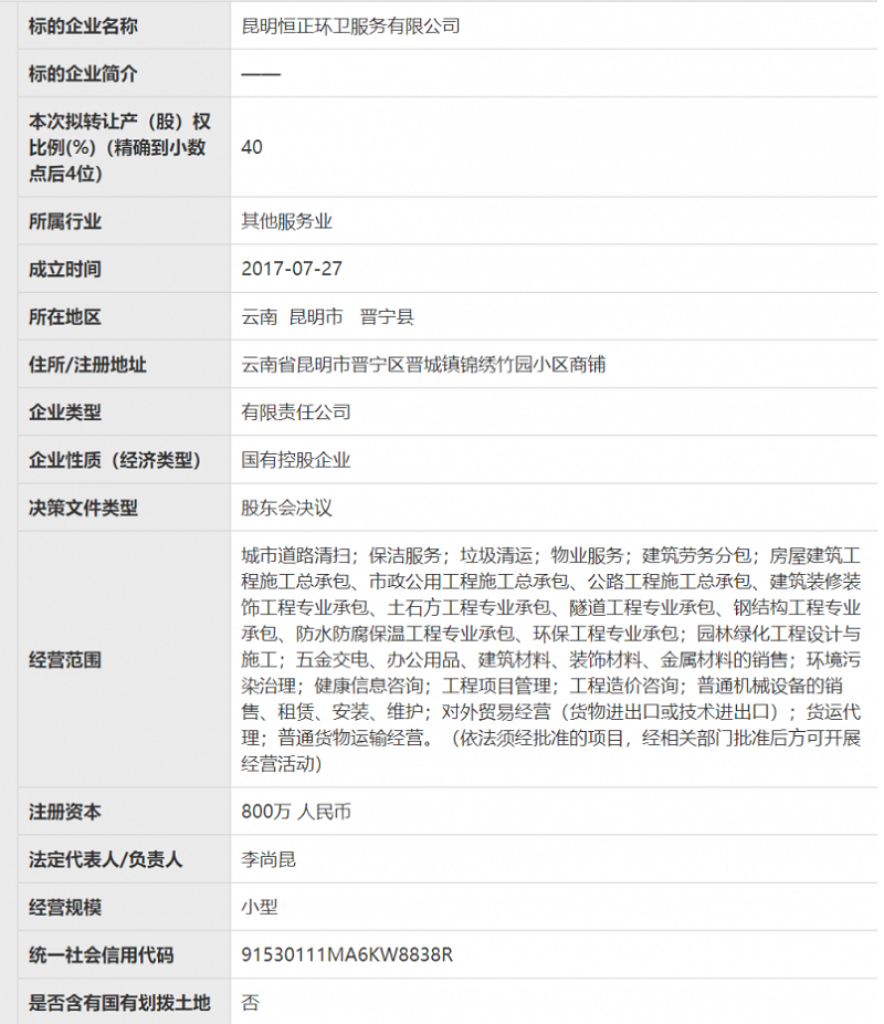 90.7万，昆明一国有控股环卫公司完成40%股权转让-环保卫士