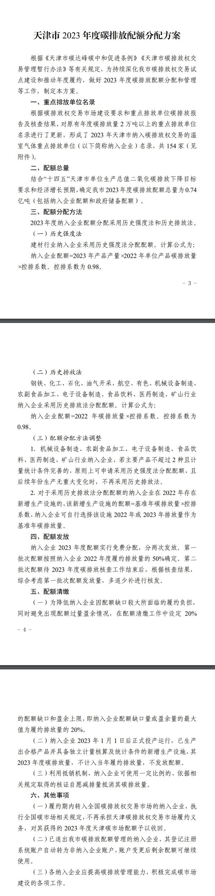 总量为0.74亿吨，《天津市2023年度碳排放配额分配方案》出炉