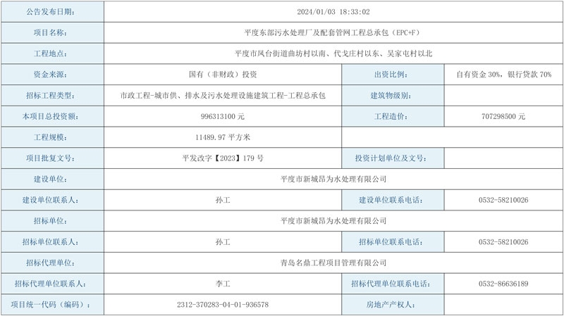 总投资近10亿!青岛平度东部污水处理厂及配套管网工程总承包(EPC+F)招标!