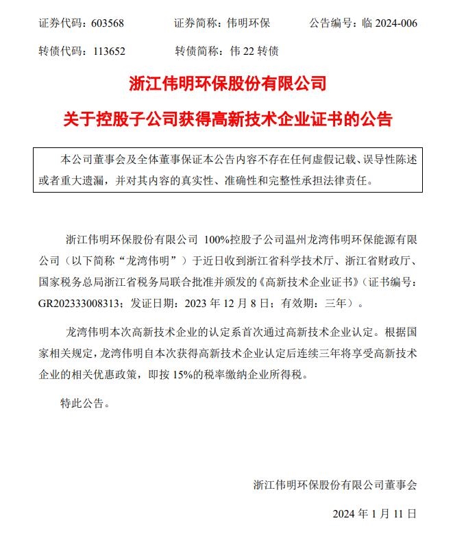 伟明环保全资子公司获得高新技术企业证书-环保卫士