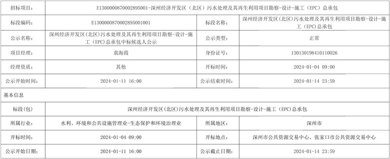 深州经济开发区(北区)污水处理及其再生利用项目勘察-设计-施工(EPC)总承包中标候选人公示!