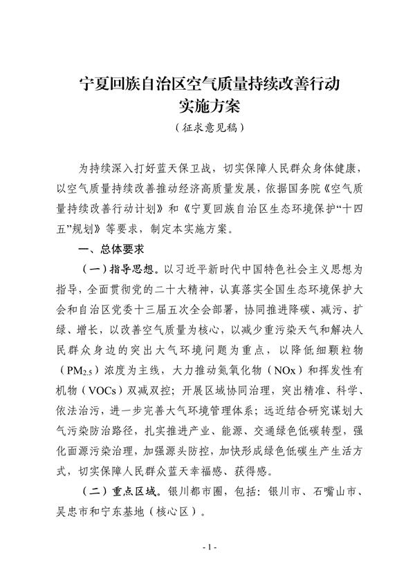 宁夏回族自治区空气质量持续改善行动实施方案（征求意见稿）发布-环保卫士