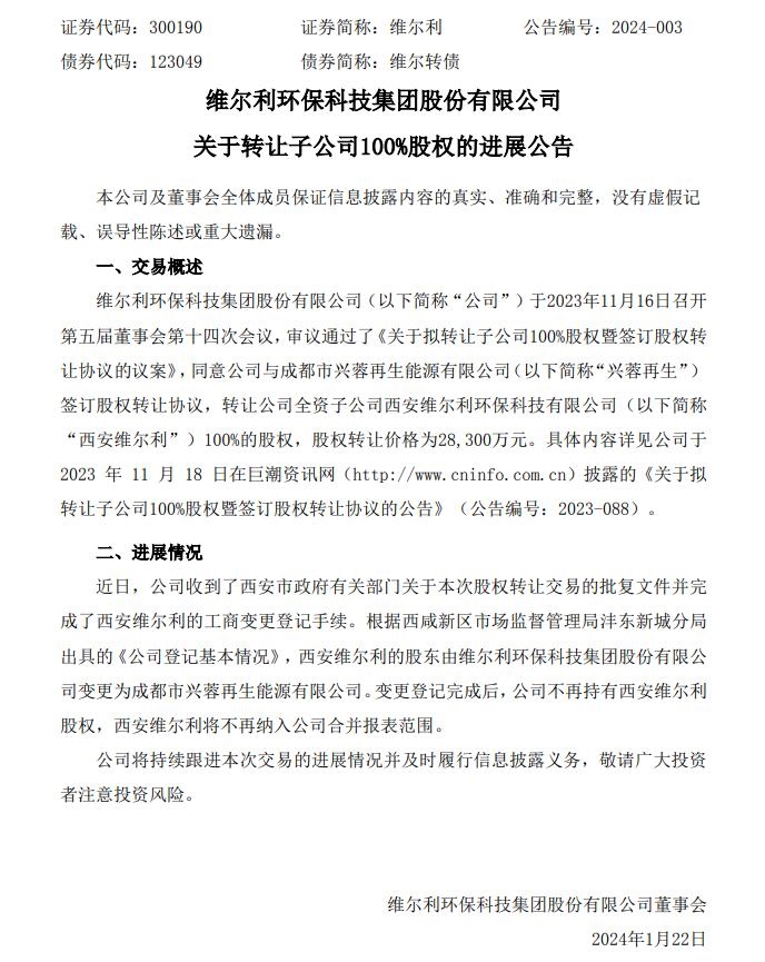 维尔利：向兴蓉再生转让西安维尔利100%股权，涉及金额2.83亿元-环保卫士