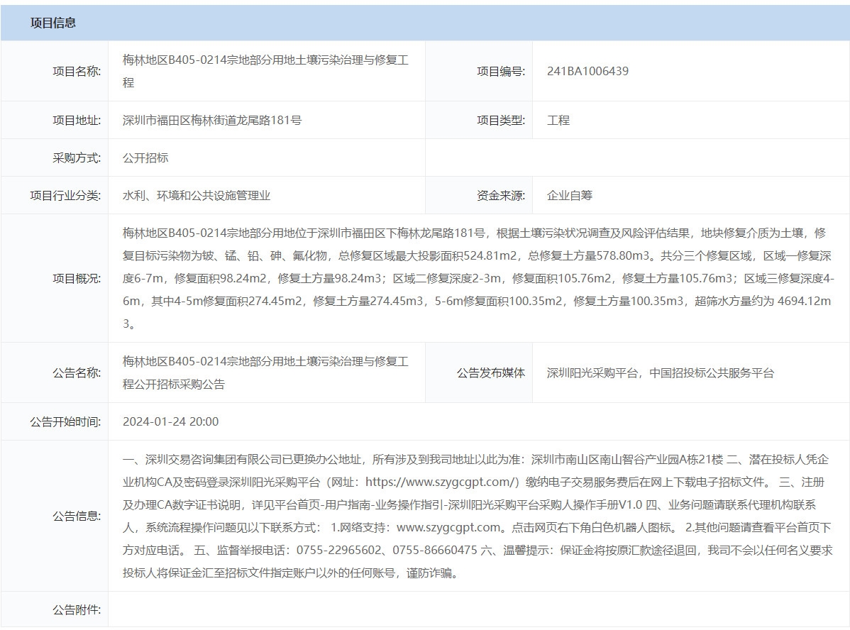 深圳梅林地区B405-0214宗地部分用地土壤污染治理与修复工程公开招标-环保卫士