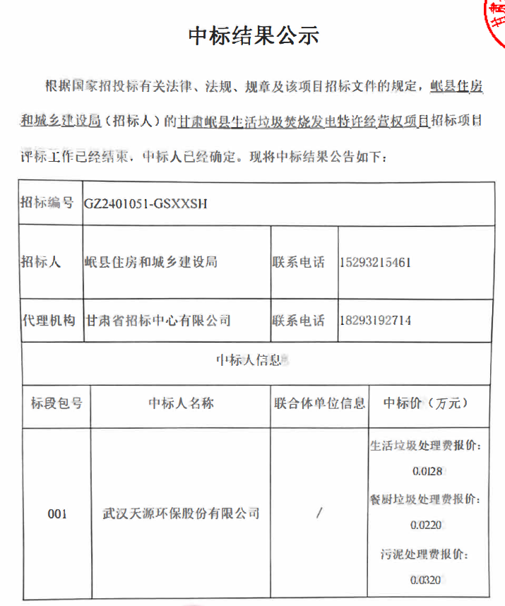 128元/吨!天源环保中标岷县生活垃圾焚烧发电特许经营权项目