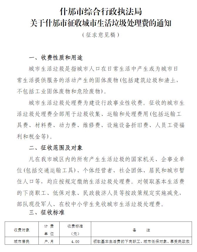 《什邡市征收城市生活垃圾处理费的通知（征求意见稿）》发布-环保卫士