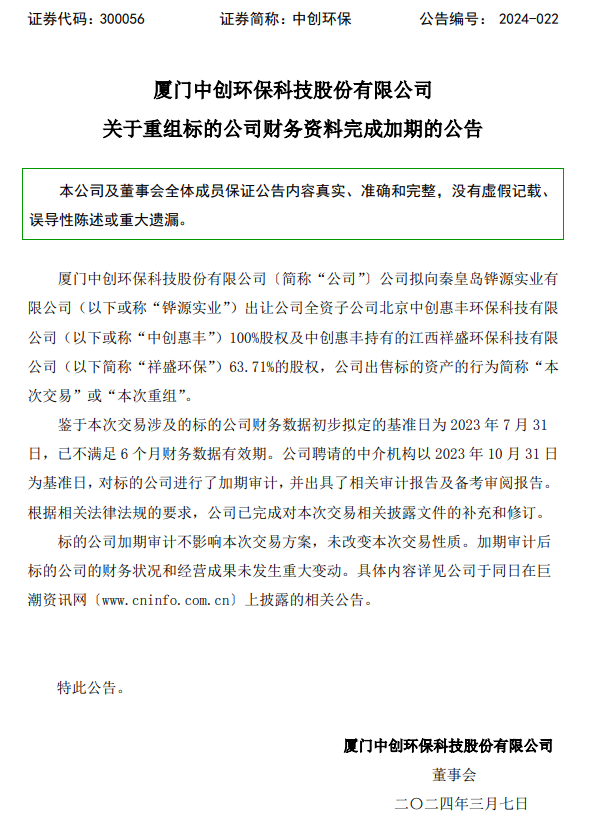 中创环保出售全资子公司中创惠丰100%股权,现财务资料完成加期!