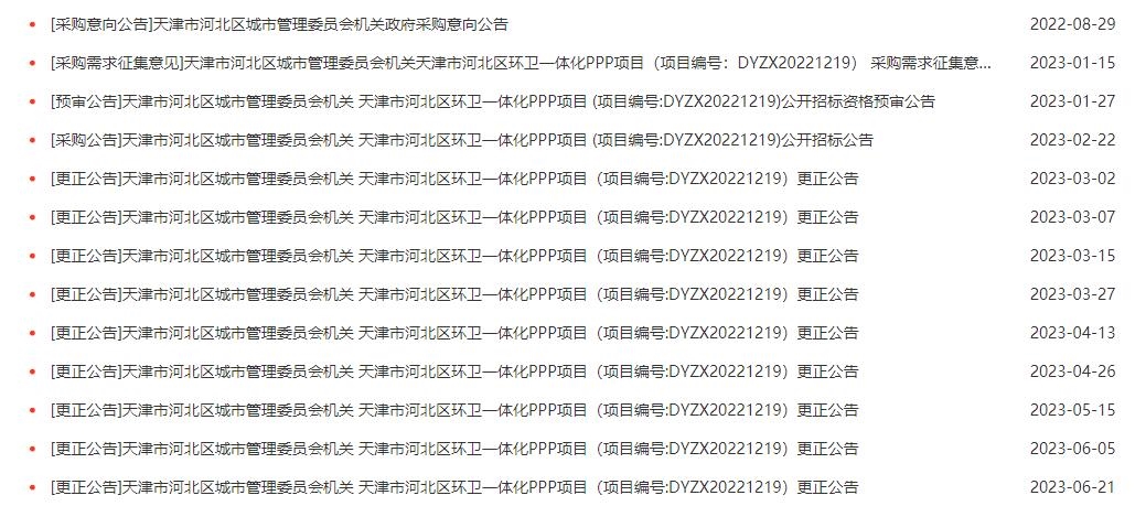 超22亿天津市河北区环卫一体化PPP项目终止招标-环保卫士