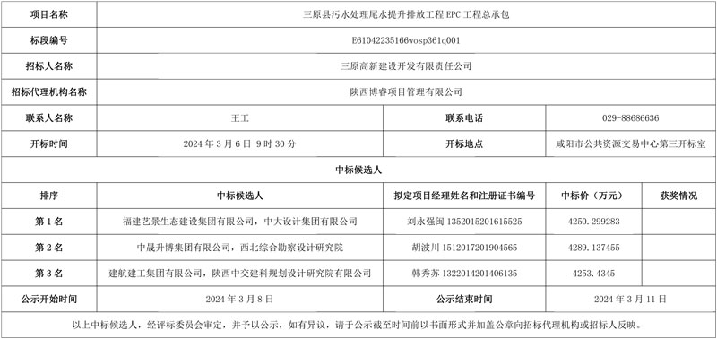 陕西三原县污水处理尾水提升排放工程EPC工程总承包中标候选人公示
