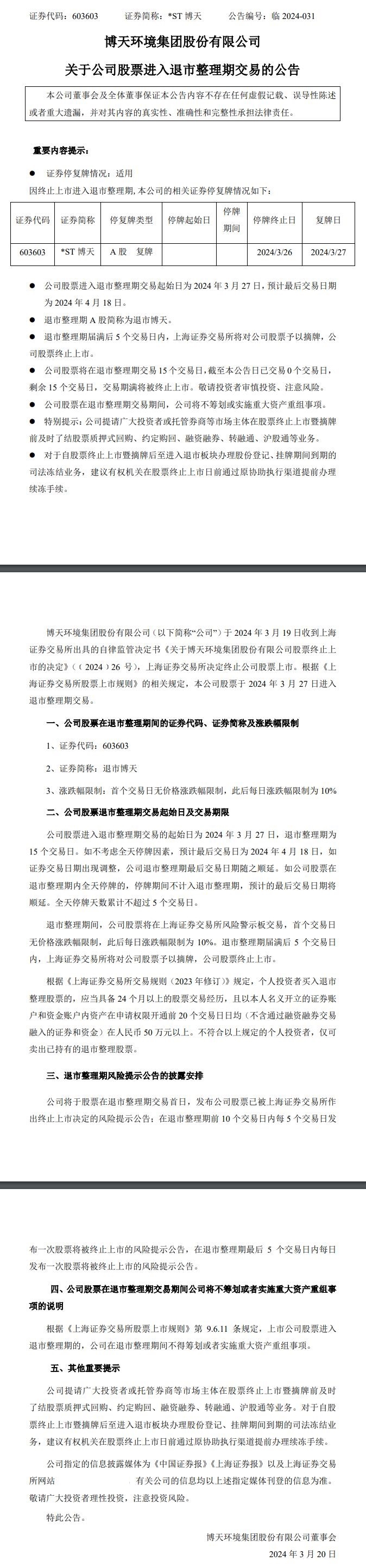 即将摘牌！博天环境进入退市整理期-环保卫士