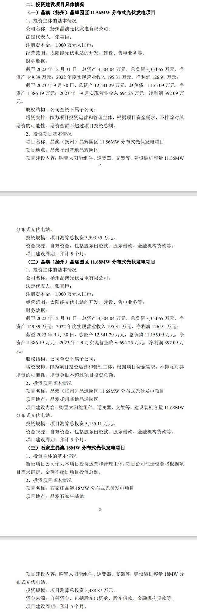 1.22亿元！晶澳科技拟投建3个分布式光伏项目