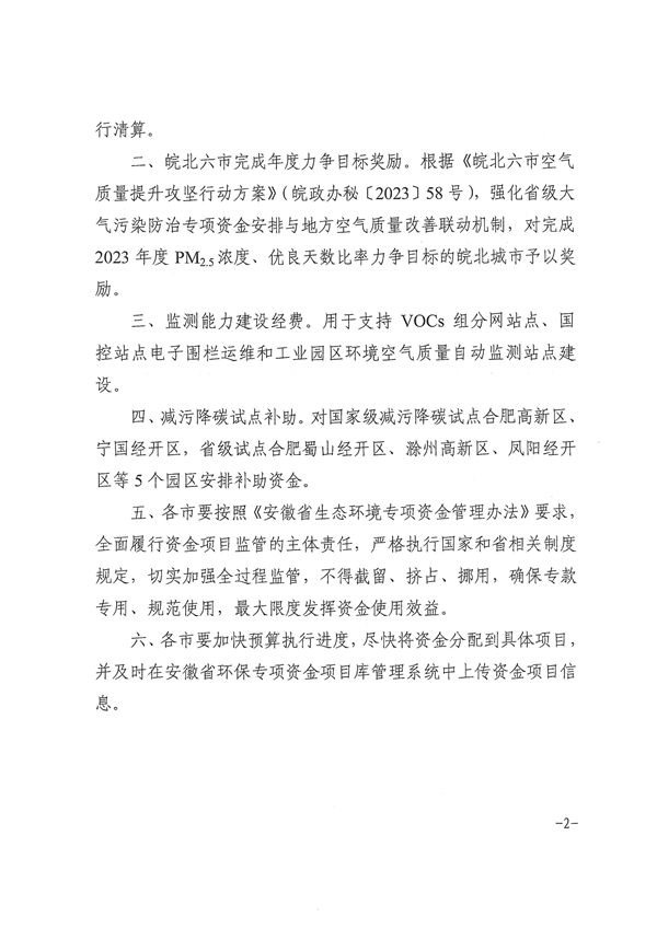 安徽省关于下达2024年第二批省级大气污染防治专项资金的通知