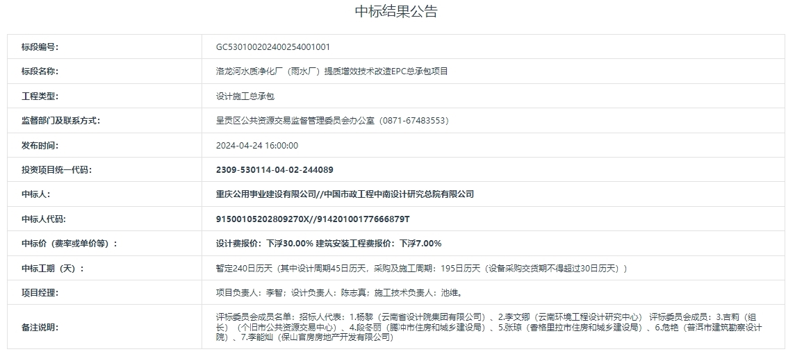 重庆水务子公司联合中国市政中南院中标洛龙河水质净化厂(雨水厂)提质增效技术改造EPC总承包项目!