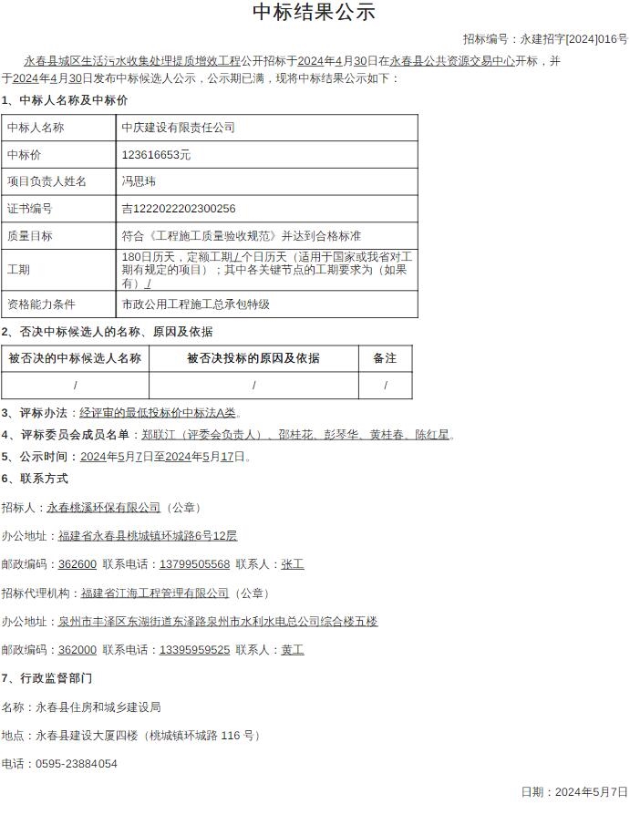 1.2亿！福建永春县城区生活污水收集处理提质增效工程中标结果公示-环保卫士