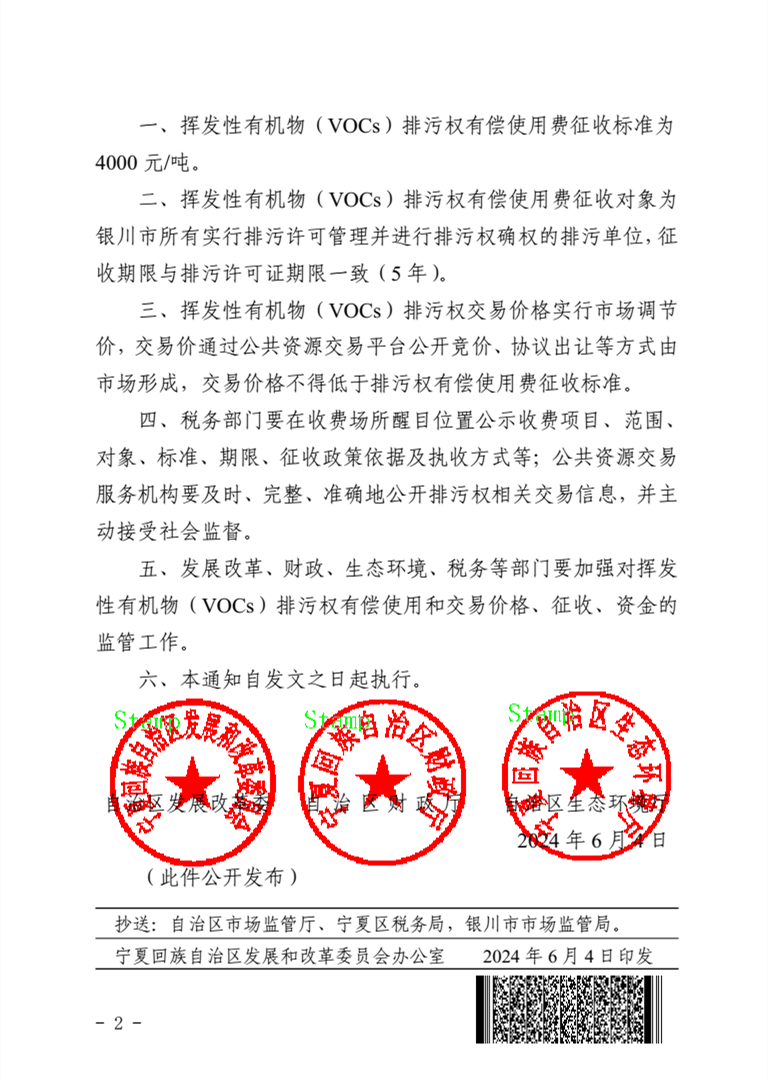 关于银川市挥发性有机物（VOCs）排污权有偿使用费和交易价格有关事项的通知